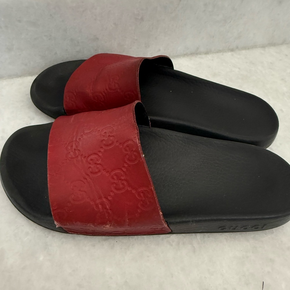 Gucci Burgundy and Black Embossed Slides - Picture 3 of 3